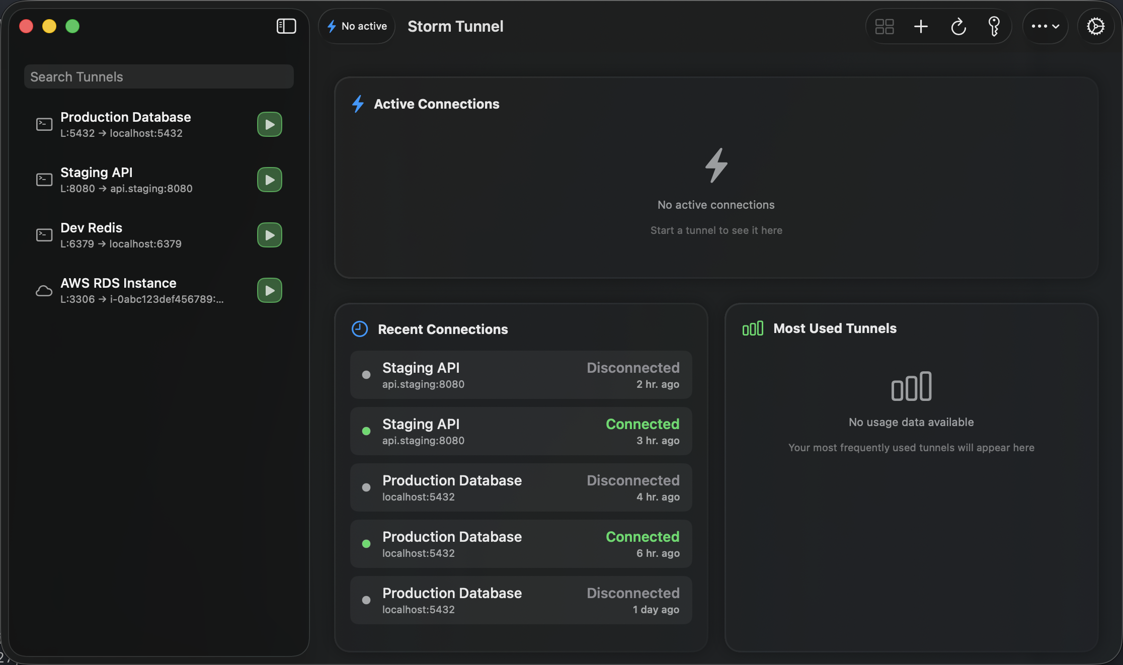 Storm Tunnel app interface showing main dashboard with active tunnel connections, menu bar controls, and connection status indicators
