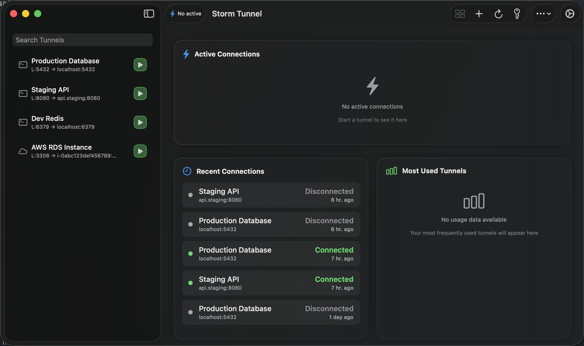 Main dashboard showing active tunnel connections with real-time status and connection logs