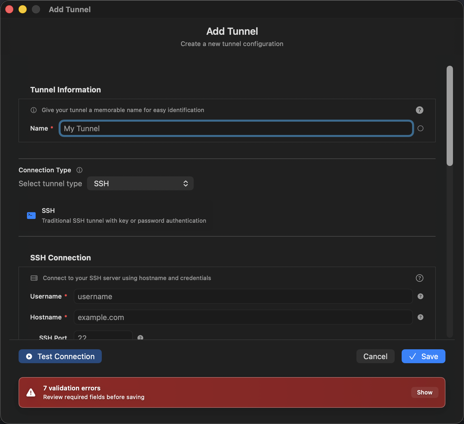 Add new tunnel configuration window with form fields for host, port, and authentication settings