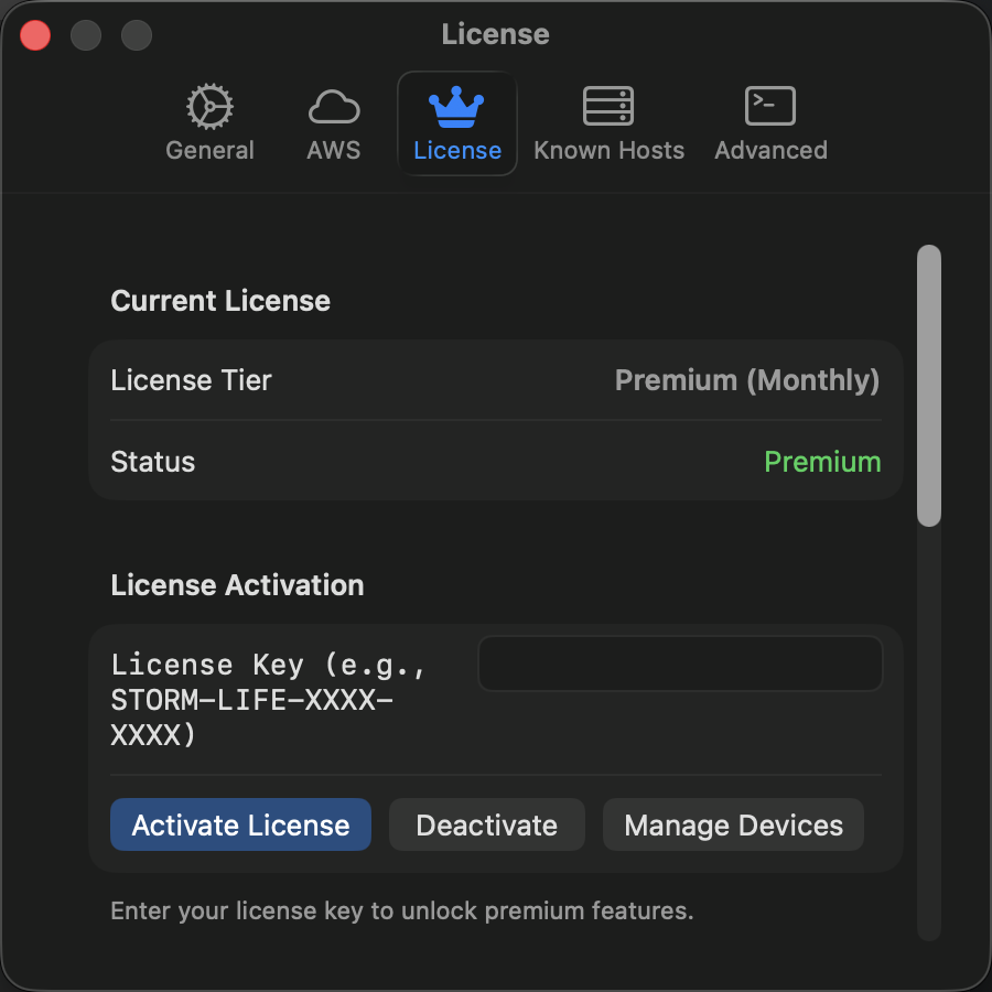License and subscription management showing Premium features and activation options